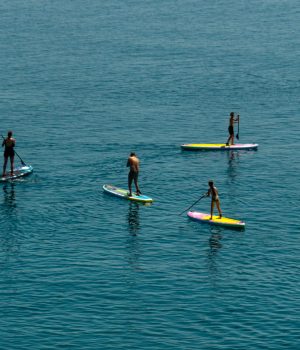 Four peoples puddle boarding in sea water